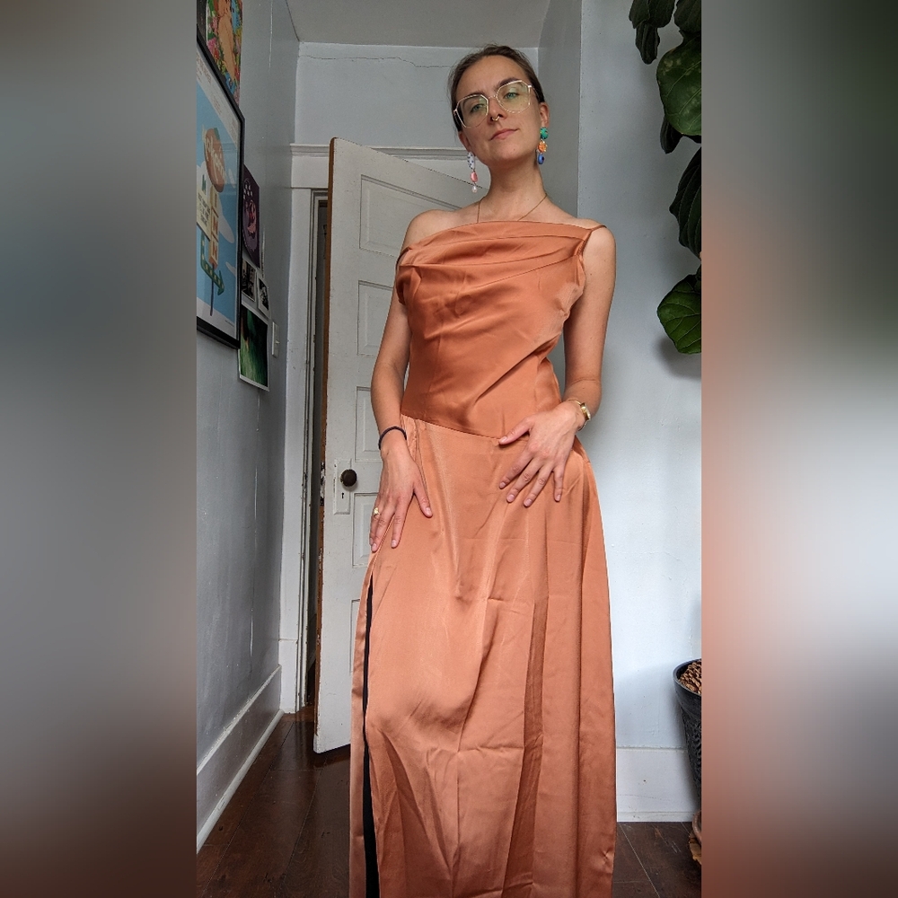 Draped open leg dress in RUST COLOR!